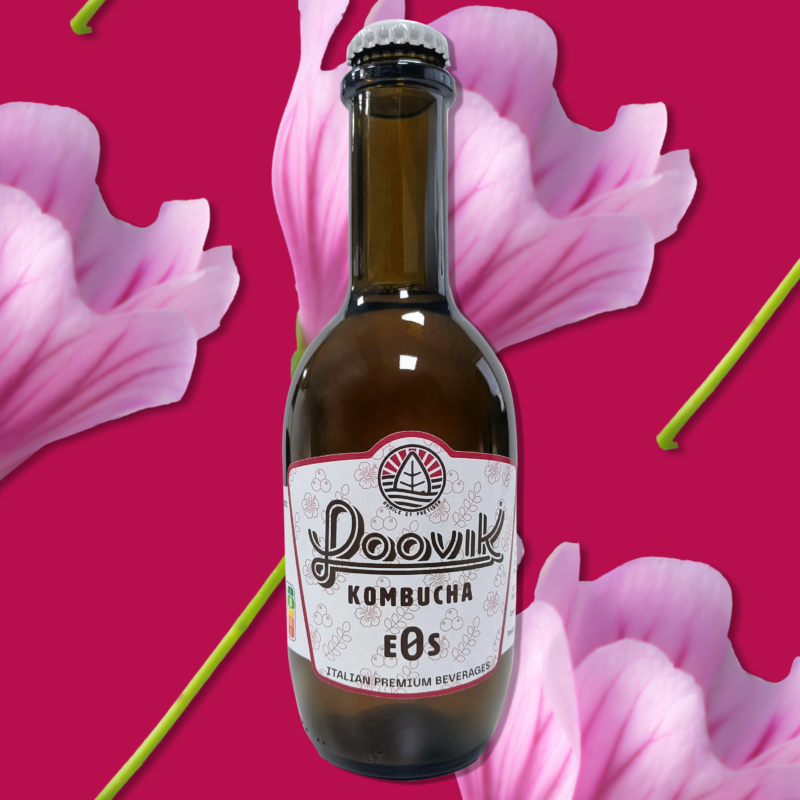 Loovik Kombucha Eos, bottiglia da 330 mL su uno sfondo di fiori di malva disegnati